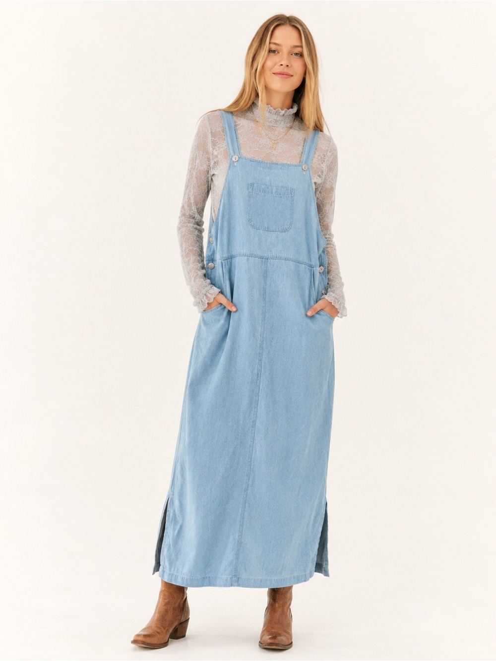 Vintage TEDDI Chambray Pinafore Overall Maxi Dress Cotton USA XL Cottagecore